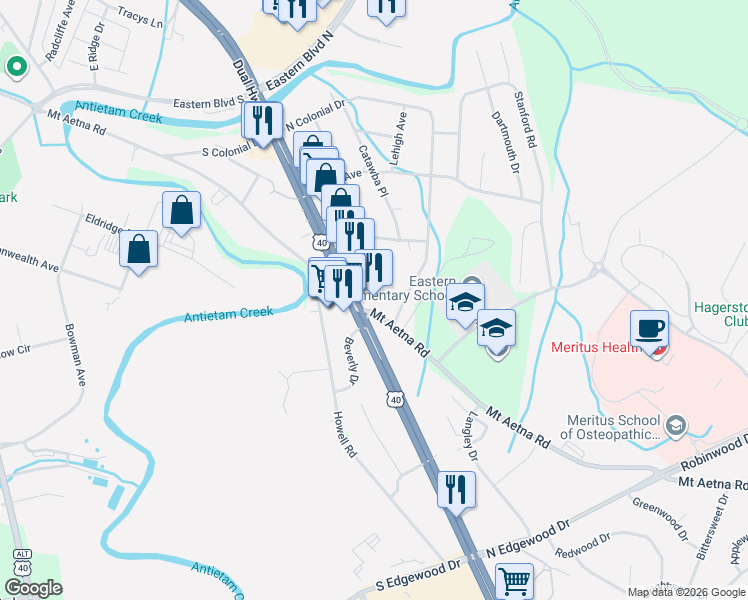 map of restaurants, bars, coffee shops, grocery stores, and more near 1396 Dual Highway in Hagerstown