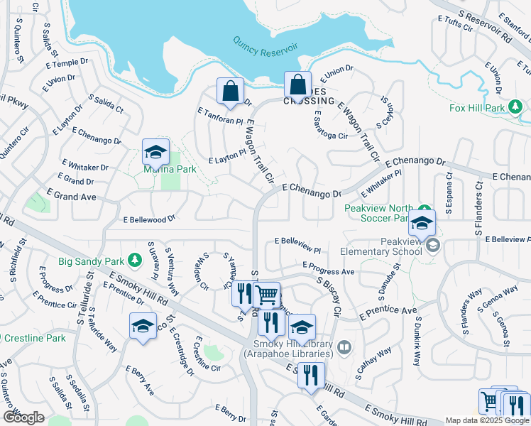 map of restaurants, bars, coffee shops, grocery stores, and more near 18507 East Whitaker Circle in Aurora