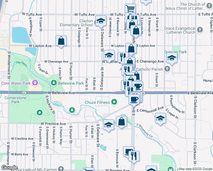 map of restaurants, bars, coffee shops, grocery stores, and more near 5020 South Delaware Street in Englewood