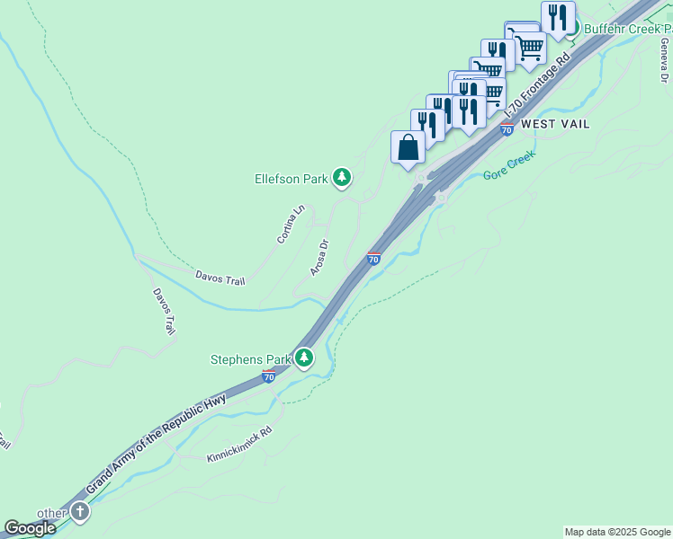 map of restaurants, bars, coffee shops, grocery stores, and more near 2489 Chamonix Lane in Vail