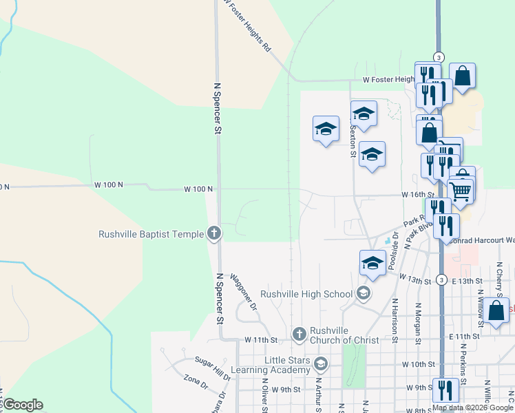 map of restaurants, bars, coffee shops, grocery stores, and more near 1544 North Spencer Street in Rushville