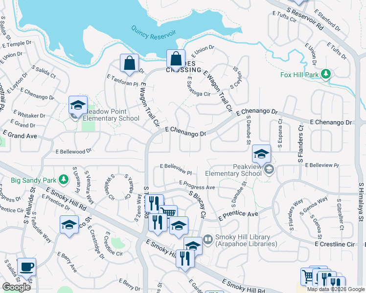 map of restaurants, bars, coffee shops, grocery stores, and more near 4910 South Bahama Court in Aurora
