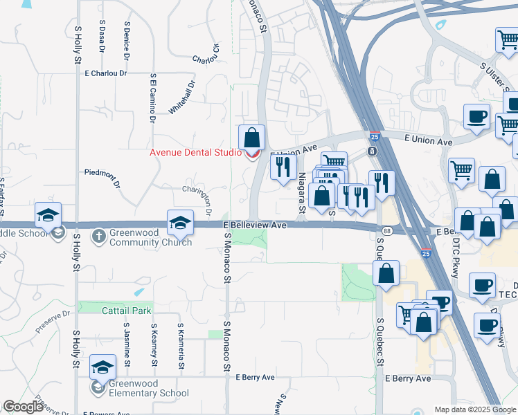 map of restaurants, bars, coffee shops, grocery stores, and more near 5092 South Monaco Street in Denver