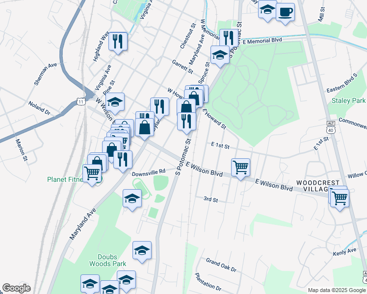 map of restaurants, bars, coffee shops, grocery stores, and more near 931 South Potomac Street in Hagerstown