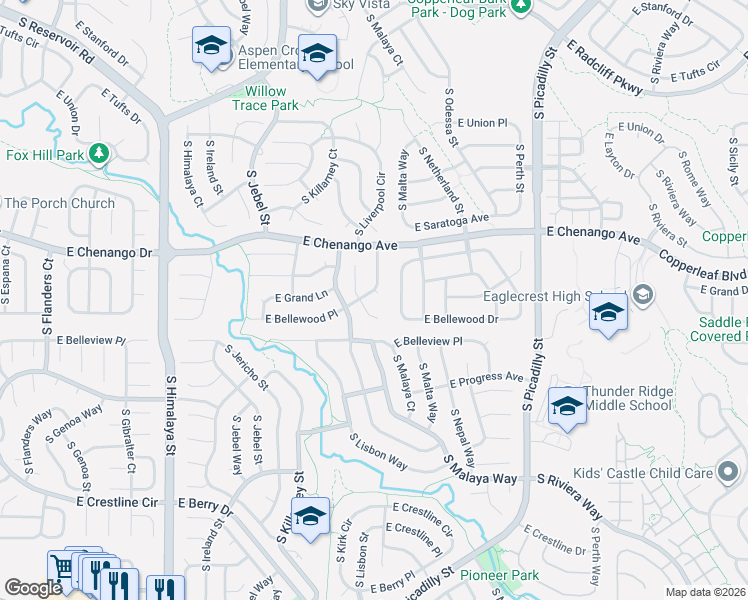 map of restaurants, bars, coffee shops, grocery stores, and more near 5002 South Malaya Way in Aurora