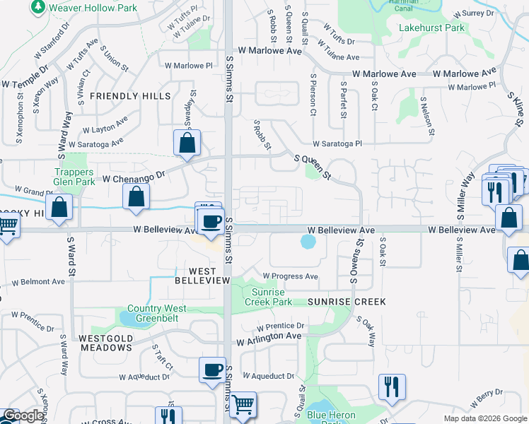 map of restaurants, bars, coffee shops, grocery stores, and more near 11415 West Belleview Avenue in Littleton