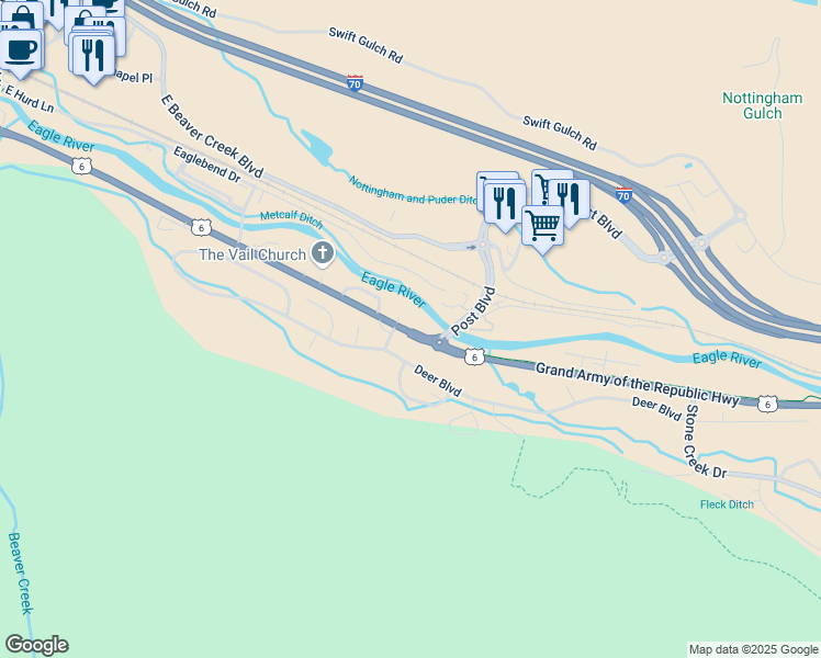map of restaurants, bars, coffee shops, grocery stores, and more near 39381 U.S. 6 in Avon
