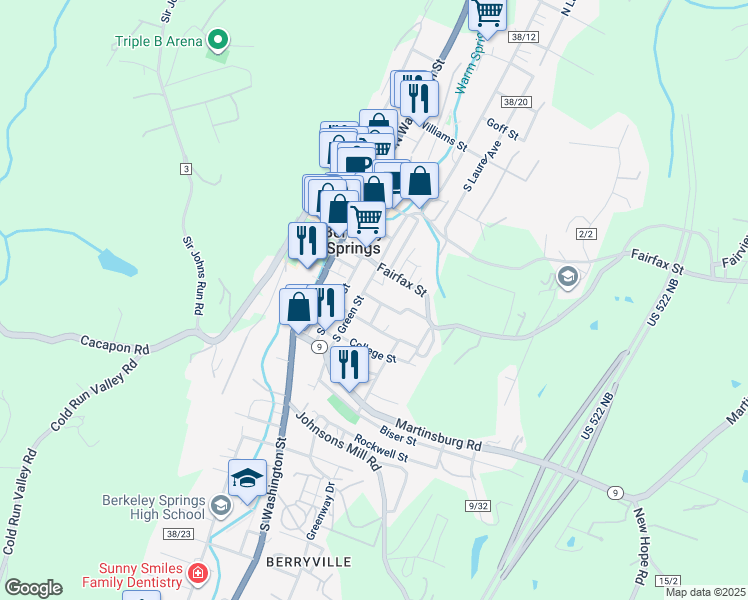 map of restaurants, bars, coffee shops, grocery stores, and more near 49 South Green Street in Berkeley Springs