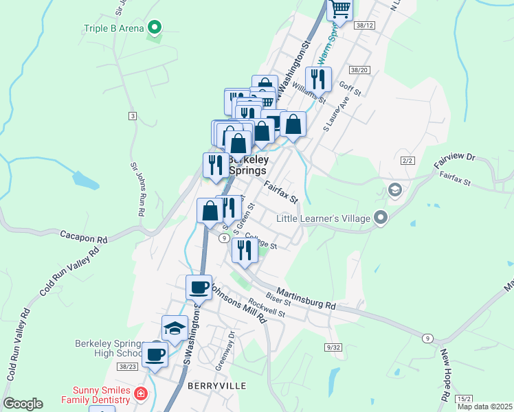 map of restaurants, bars, coffee shops, grocery stores, and more near 49 South Green Street in Berkeley Springs