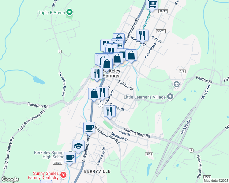 map of restaurants, bars, coffee shops, grocery stores, and more near 49 South Green Street in Berkeley Springs