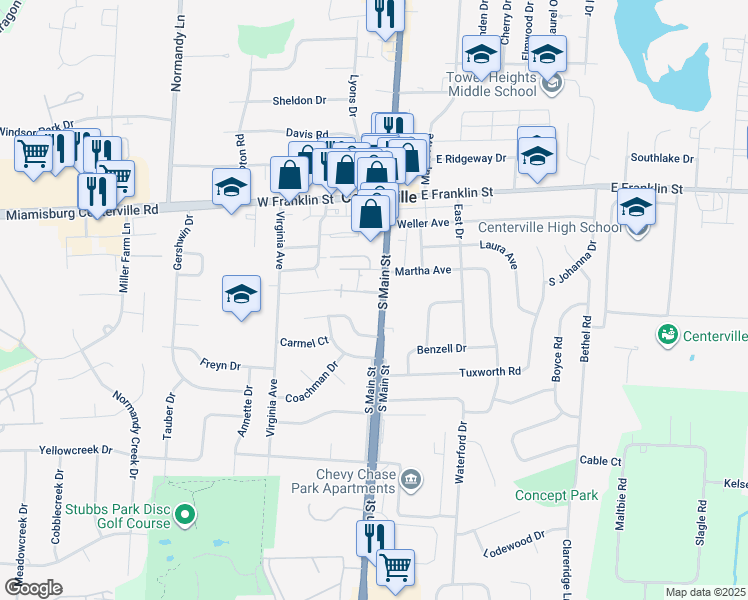 map of restaurants, bars, coffee shops, grocery stores, and more near 100 South Main Street in Centerville