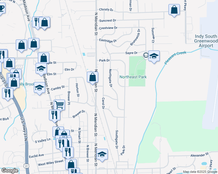 map of restaurants, bars, coffee shops, grocery stores, and more near 530 Northgate Drive in Greenwood