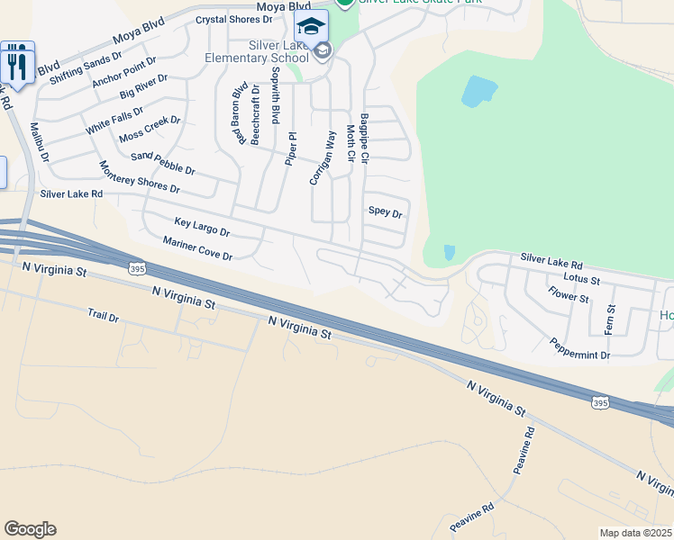 map of restaurants, bars, coffee shops, grocery stores, and more near 7350 Silver Lake Road in Reno
