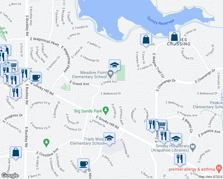 map of restaurants, bars, coffee shops, grocery stores, and more near 5045 South Ventura Street in Aurora