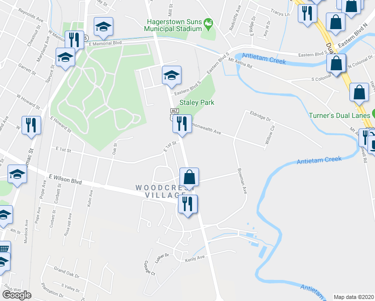 map of restaurants, bars, coffee shops, grocery stores, and more near 822 Frederick Street in Hagerstown