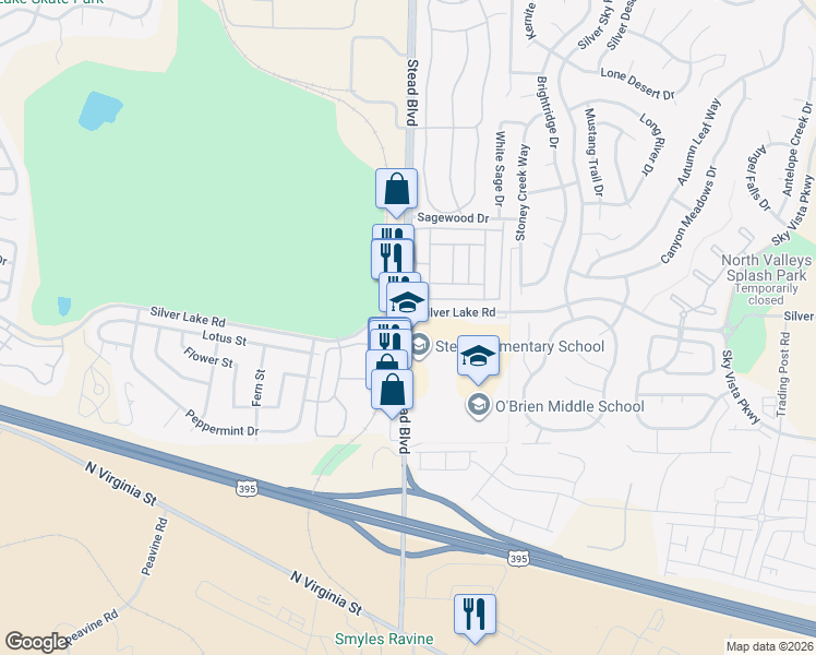 map of restaurants, bars, coffee shops, grocery stores, and more near 10580 Stead Boulevard in Reno