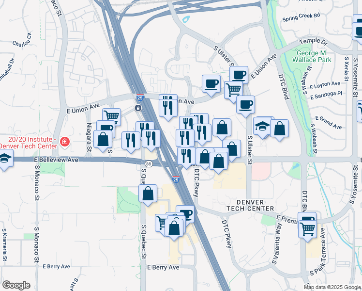 map of restaurants, bars, coffee shops, grocery stores, and more near 5075 South Syracuse Street in Denver