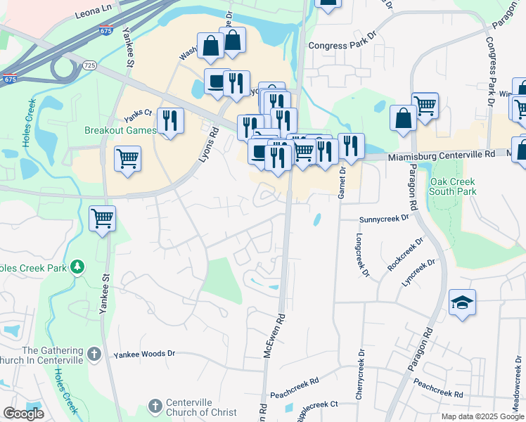 map of restaurants, bars, coffee shops, grocery stores, and more near 1085 Foxshire Place in Dayton