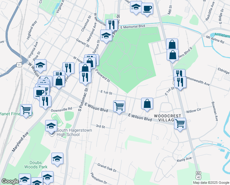 map of restaurants, bars, coffee shops, grocery stores, and more near 841 Rose Hill Avenue in Hagerstown
