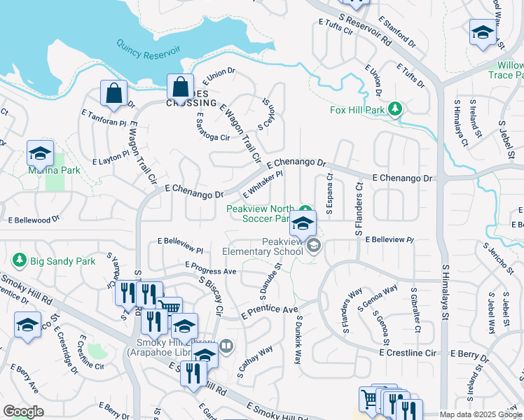map of restaurants, bars, coffee shops, grocery stores, and more near 19074 East Grand Circle in Aurora
