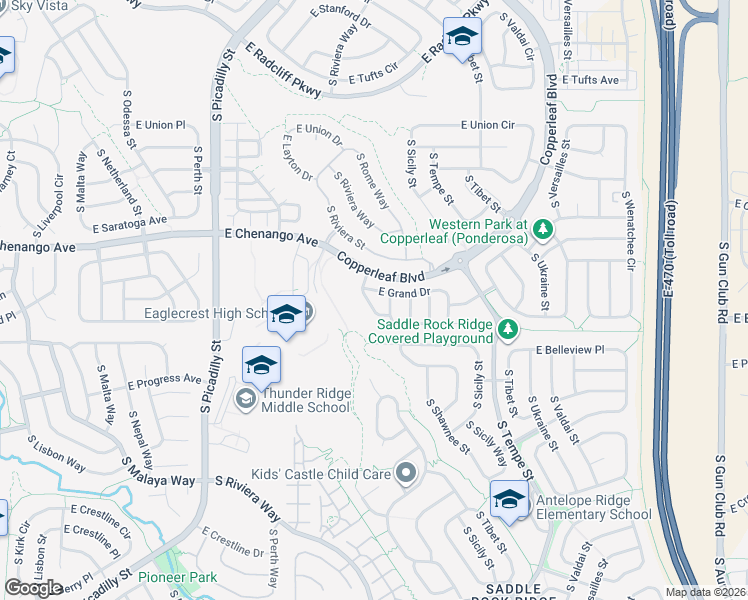 map of restaurants, bars, coffee shops, grocery stores, and more near 22013 East Grand Drive in Centennial
