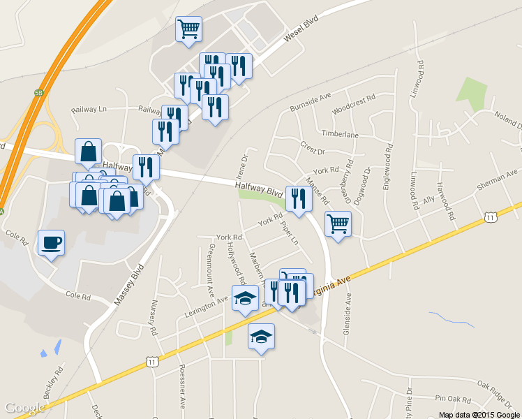 map of restaurants, bars, coffee shops, grocery stores, and more near 17544 York Road in Hagerstown