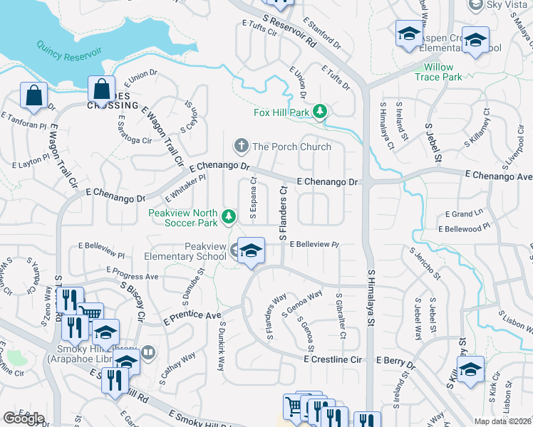 map of restaurants, bars, coffee shops, grocery stores, and more near 5030 South Espana Way in Centennial