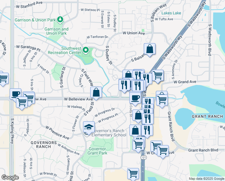 map of restaurants, bars, coffee shops, grocery stores, and more near 8901 West Belleview Avenue in Denver