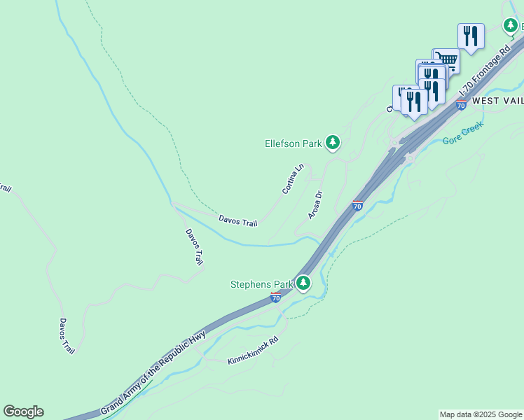 map of restaurants, bars, coffee shops, grocery stores, and more near 2683 Cortina Lane in Vail