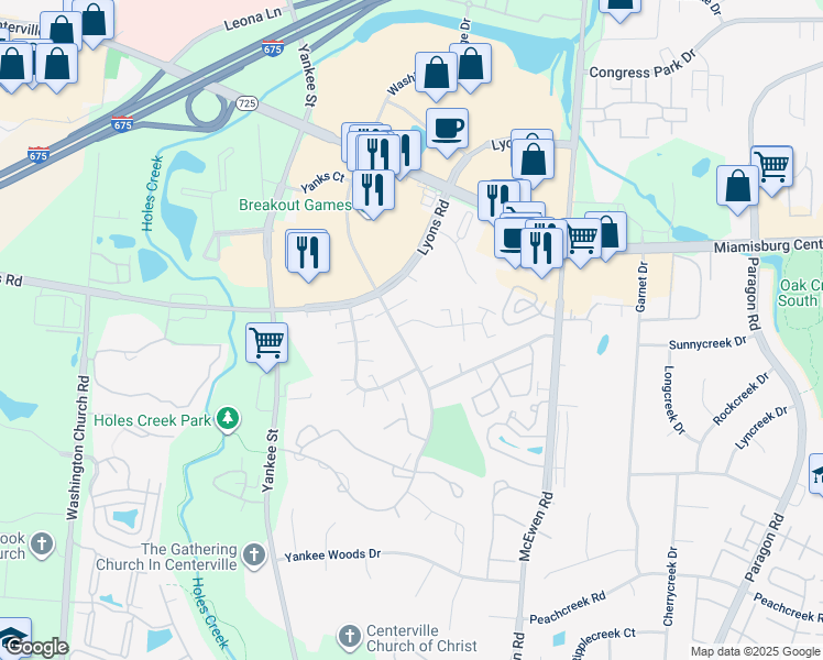 map of restaurants, bars, coffee shops, grocery stores, and more near 1291 Robbins Run Court in Dayton
