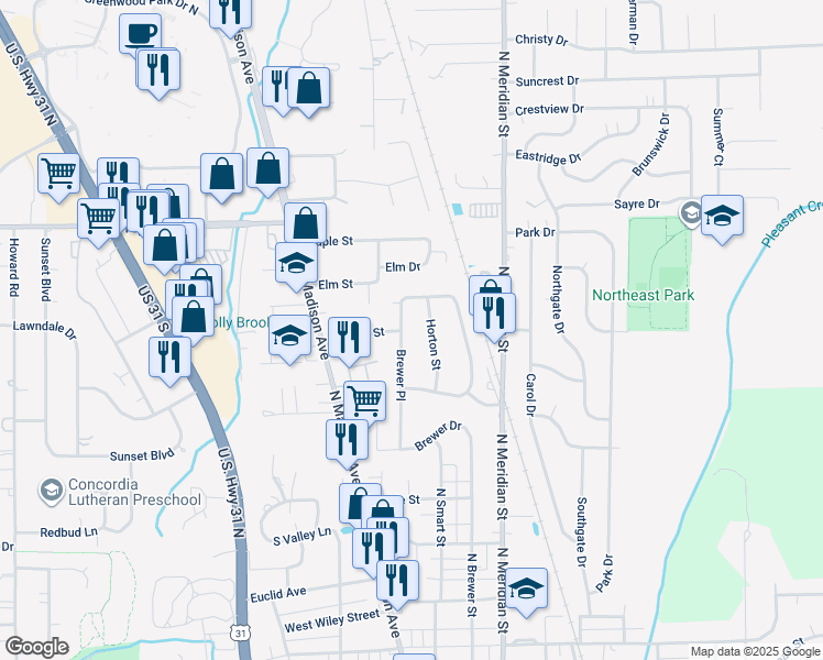 map of restaurants, bars, coffee shops, grocery stores, and more near 706 Brewer Place in Greenwood
