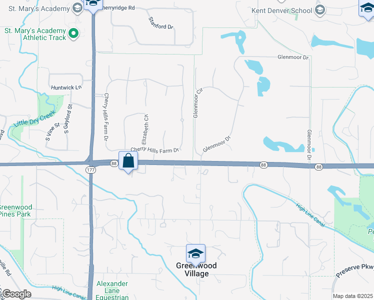 map of restaurants, bars, coffee shops, grocery stores, and more near 41 Cherry Hills Farm Drive in Englewood