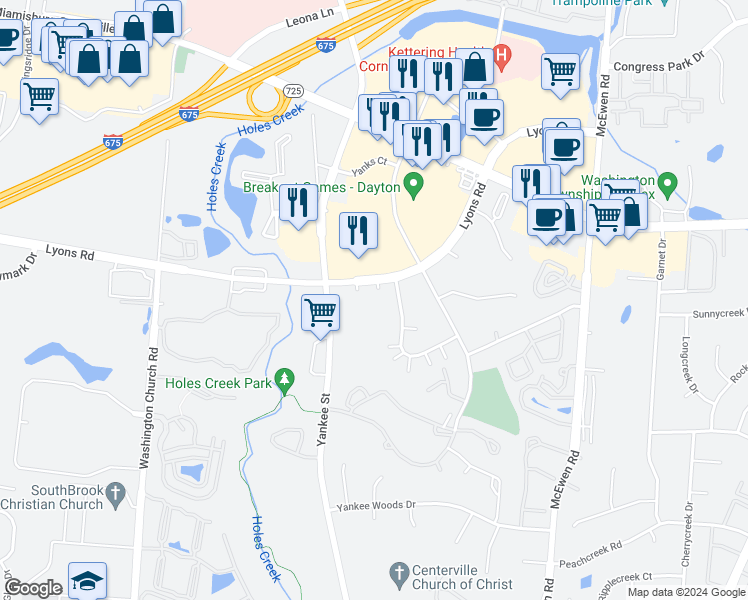 map of restaurants, bars, coffee shops, grocery stores, and more near 1452 Yankee Park Place in Dayton