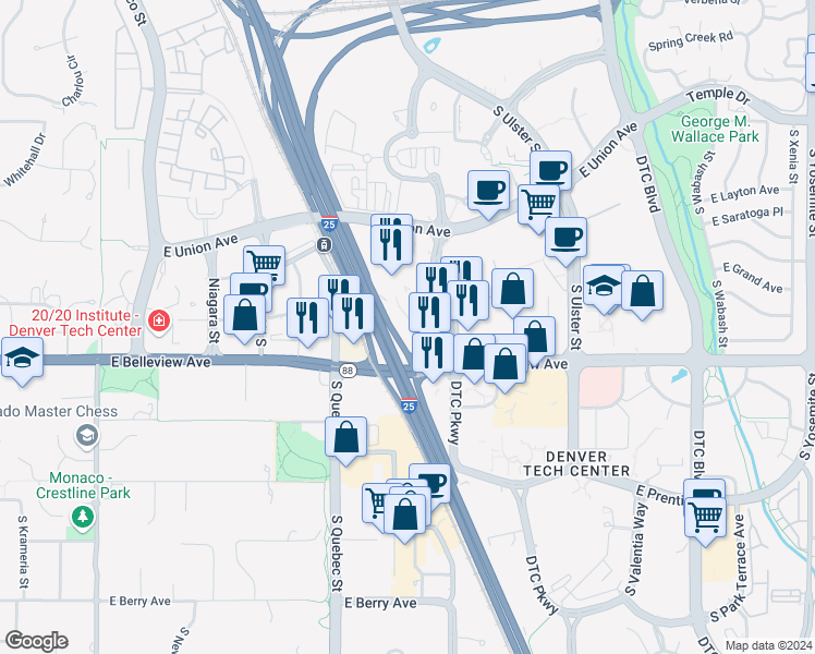 map of restaurants, bars, coffee shops, grocery stores, and more near 5075 South Syracuse Street in Denver