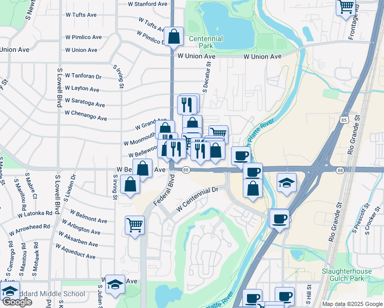 map of restaurants, bars, coffee shops, grocery stores, and more near 5050 South Federal Boulevard in Englewood