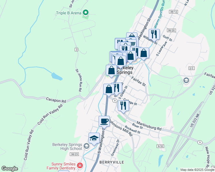 map of restaurants, bars, coffee shops, grocery stores, and more near 110 South Washington Street in Berkeley Springs