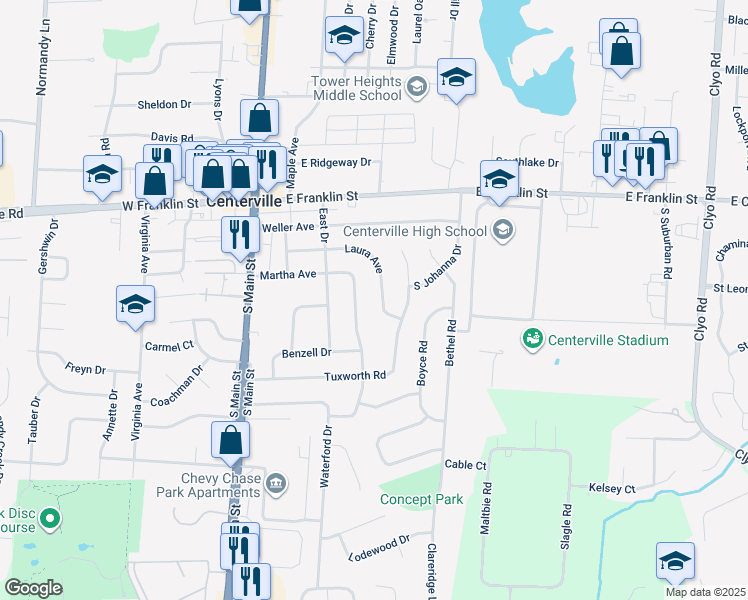 map of restaurants, bars, coffee shops, grocery stores, and more near 145 Martha Avenue in Centerville
