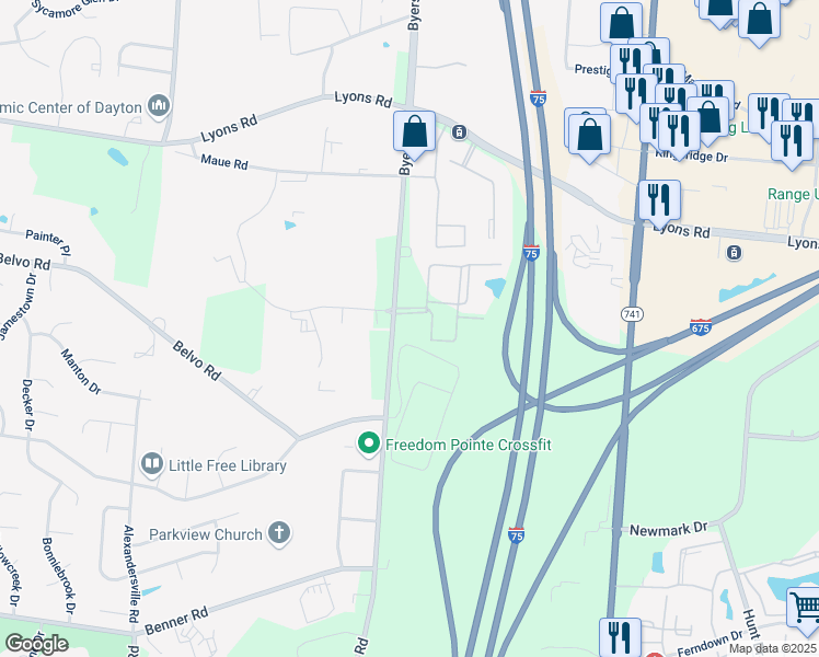 map of restaurants, bars, coffee shops, grocery stores, and more near 8528 Byers Road in Miamisburg