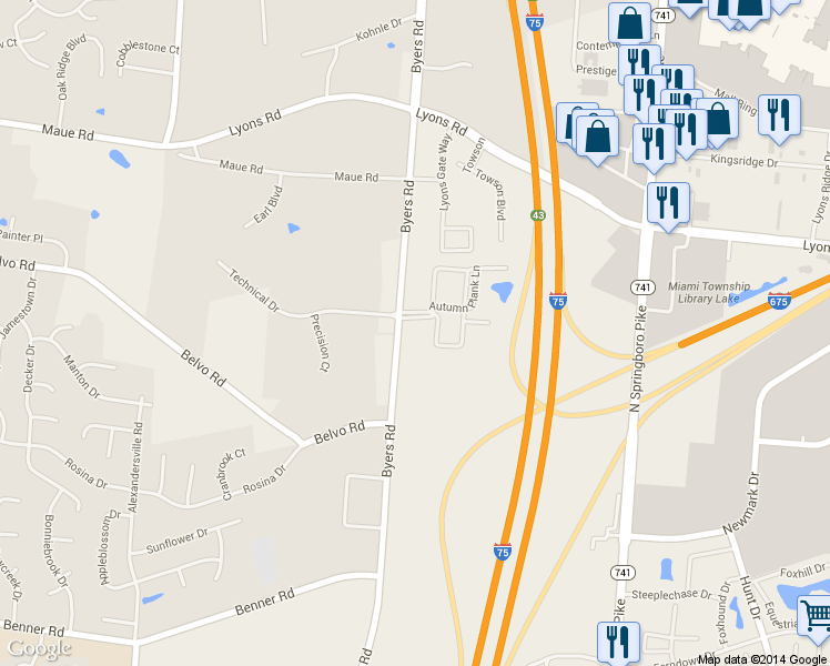 map of restaurants, bars, coffee shops, grocery stores, and more near 8528 Byers Road in Miamisburg