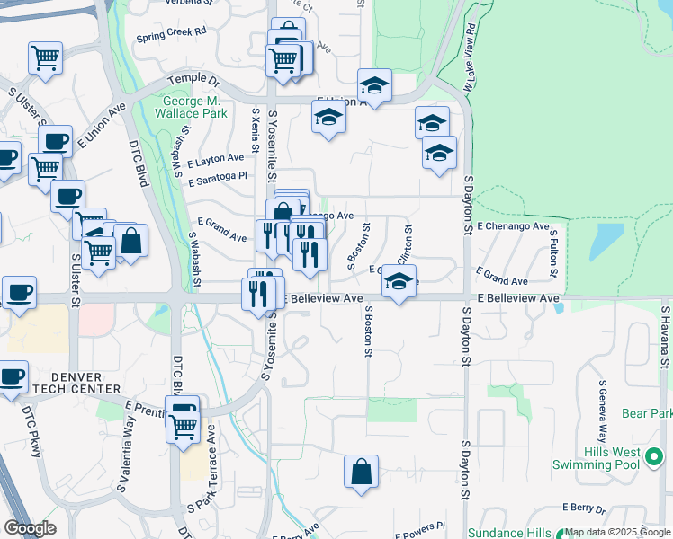map of restaurants, bars, coffee shops, grocery stores, and more near 5040 South Beeler Street in Greenwood Village