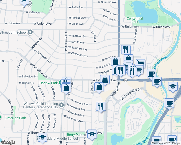 map of restaurants, bars, coffee shops, grocery stores, and more near 3302 West Monmouth Avenue in Englewood