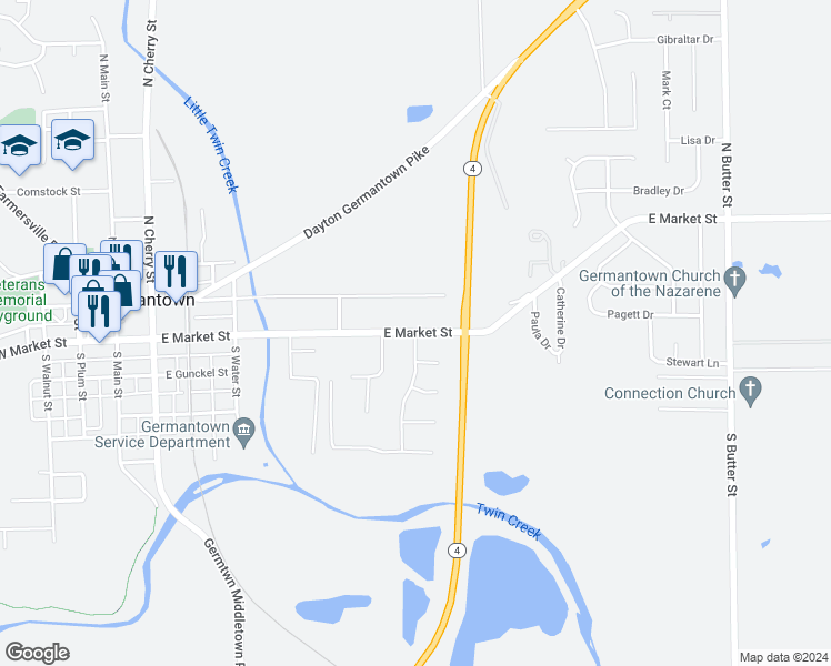 map of restaurants, bars, coffee shops, grocery stores, and more near 783 East Market Street in Germantown