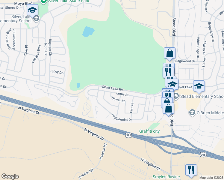 map of restaurants, bars, coffee shops, grocery stores, and more near 6765 Lotus Street in Reno