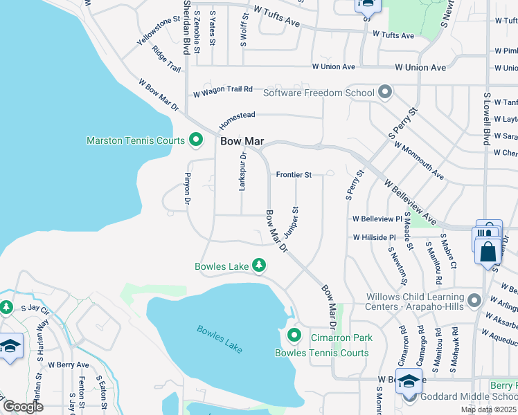 map of restaurants, bars, coffee shops, grocery stores, and more near 5000 Larkspur Drive in Littleton