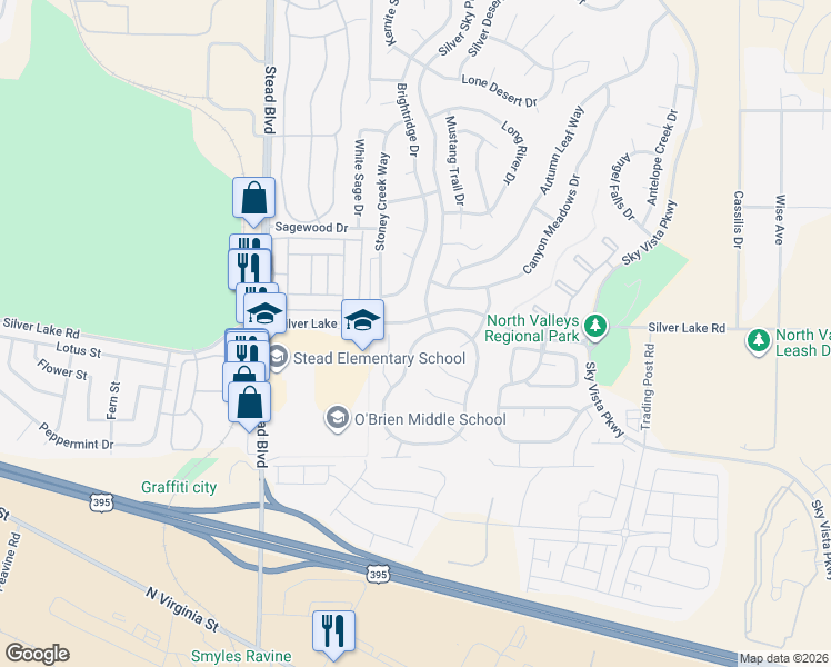 map of restaurants, bars, coffee shops, grocery stores, and more near 9185 Rising Moon Drive in Reno
