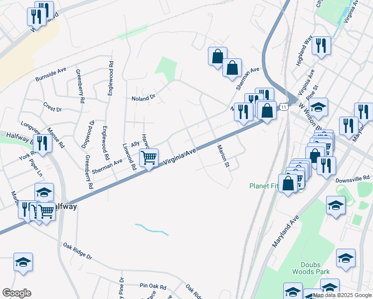 map of restaurants, bars, coffee shops, grocery stores, and more near 1305 Virginia Avenue in Hagerstown