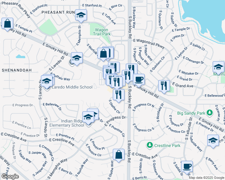 map of restaurants, bars, coffee shops, grocery stores, and more near 16746 East Smoky Hill Road in Centennial