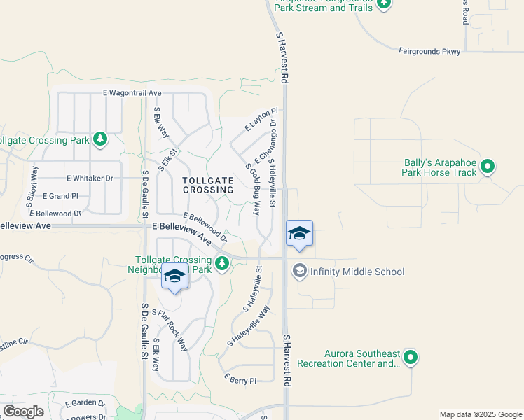 map of restaurants, bars, coffee shops, grocery stores, and more near 5016 South Haleyville Street in Aurora
