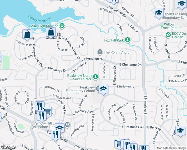 map of restaurants, bars, coffee shops, grocery stores, and more near 5025 South Dunkirk Way in Centennial