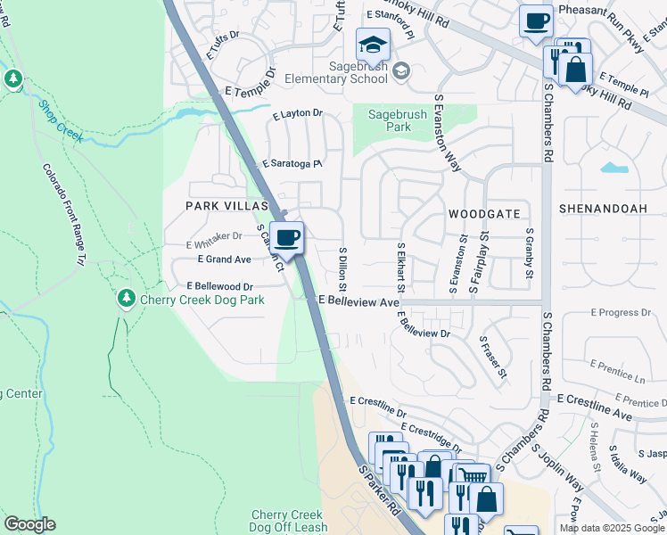 map of restaurants, bars, coffee shops, grocery stores, and more near 5028 South Dillon Street in Aurora